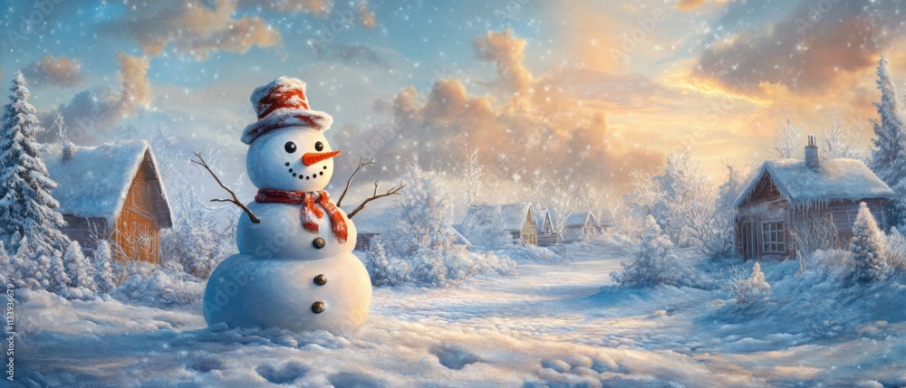 Obraz premium beautiful winter landscape with a snowman in a snowy setting