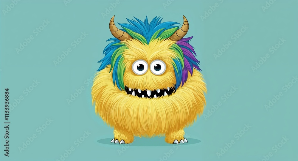 Fuzzy yellow monster with a rainbow mane in plain turquoise background