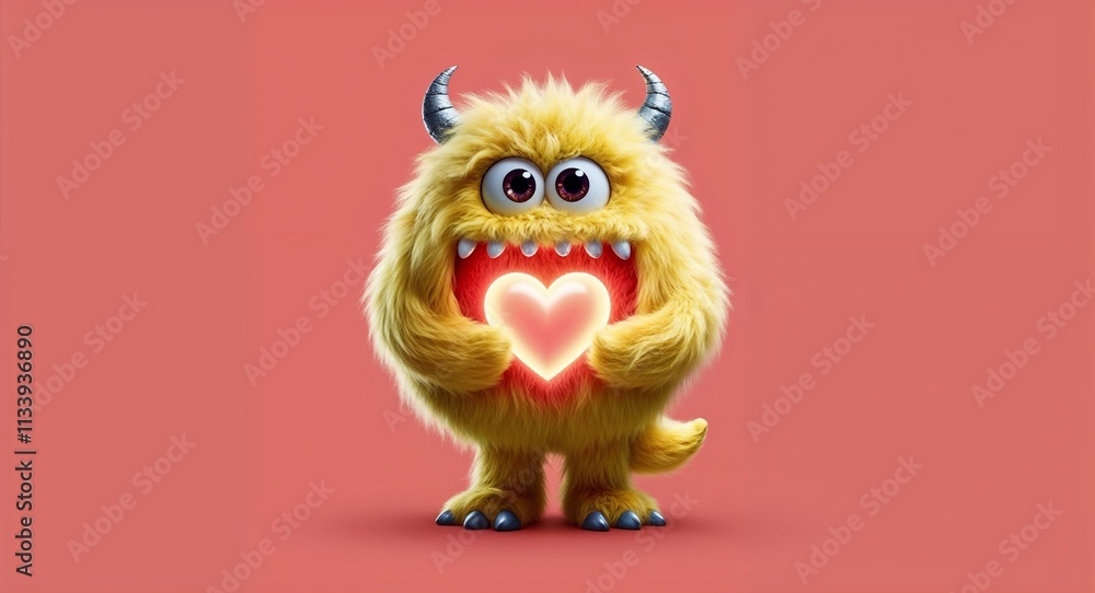 Fuzzy yellow monster with a glowing heart in plain coral background Fuzzy yellow monster with a glowing heart in plain coral background