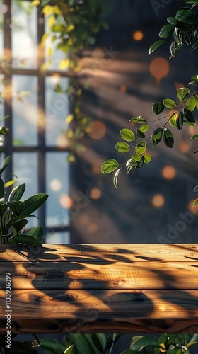 a wooden table with a plant in a pot photo