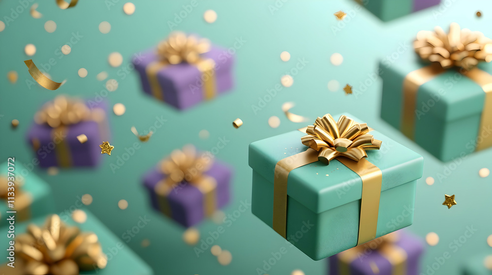 Floating teal and purple gift boxes with gold ribbons and confetti. Floating teal and purple gift boxes with gold ribbons and confetti.