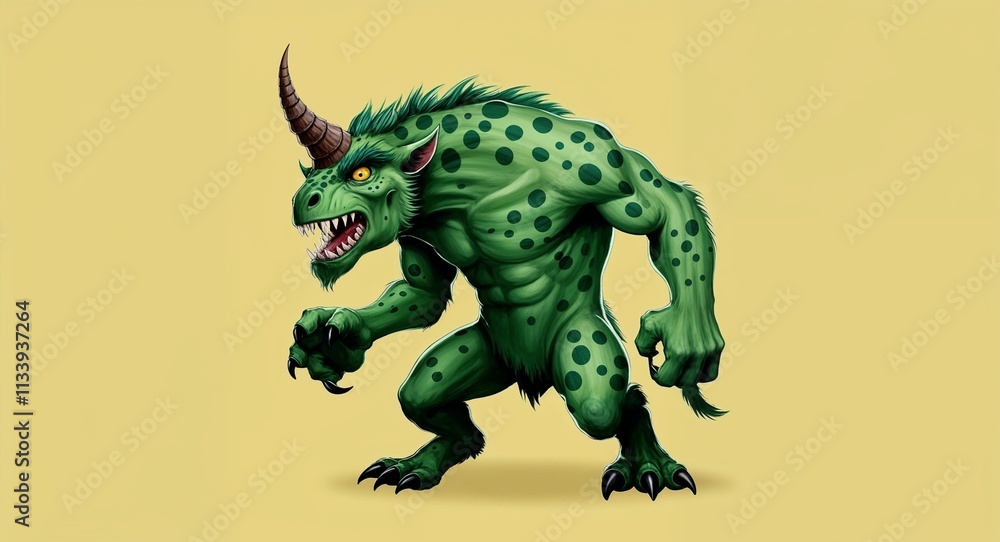 Fototapeta premium Green spotted monster with a single horn in plain yellow background