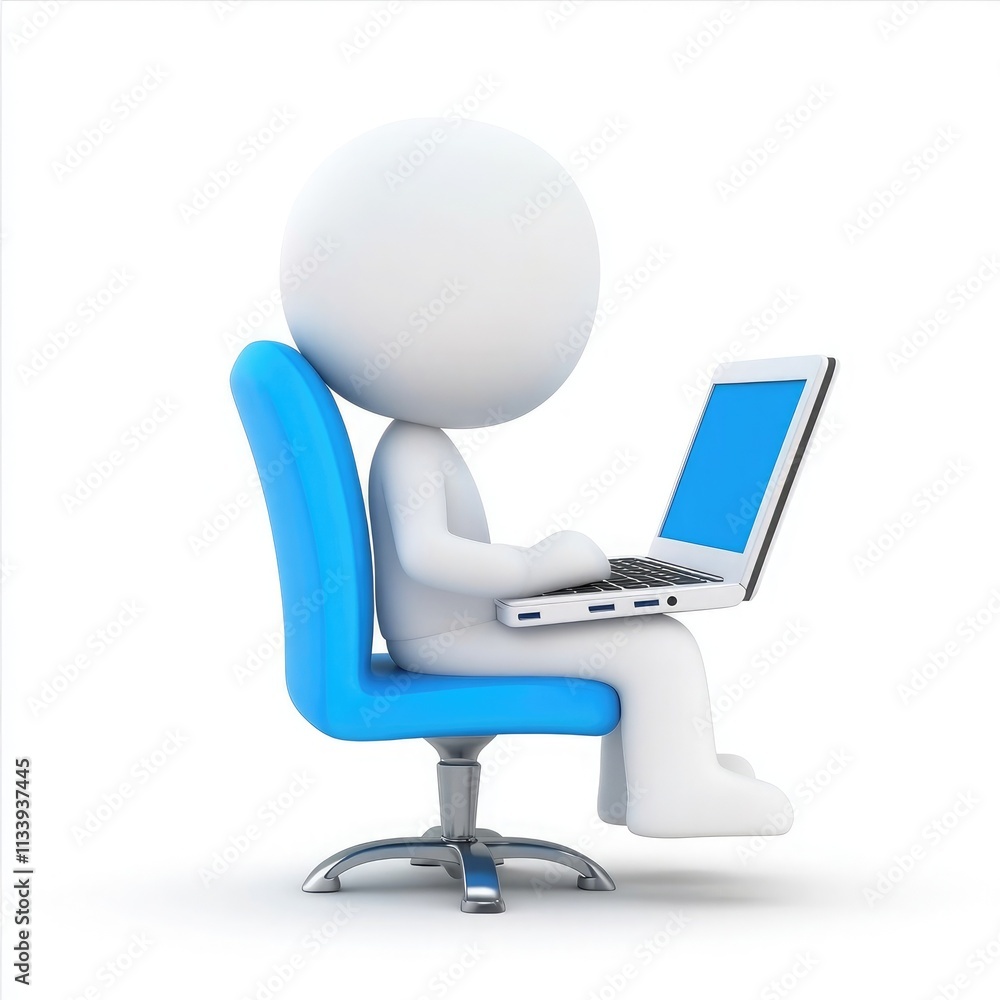 A 3D person sitting on a blue chair using a laptop computer, isolated on a white background. This is a cartoon illustration, a vector design icon A 3D person sitting on a blue chair using a laptop computer, isolated on a white background. This is a cartoon illustration, a vector design icon