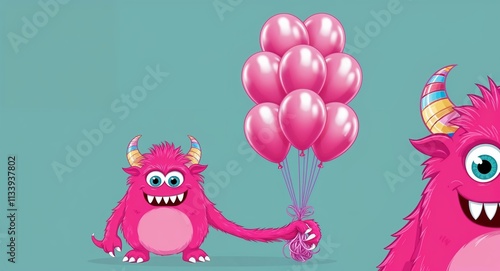 Pink monster holding a bundle of balloons in plain teal background