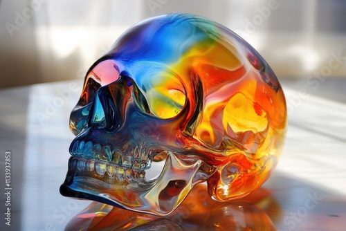 colorful glass skull sculpture with vibrant hues photo