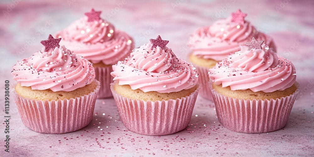 Glittering Cupcakes on Pink Background - Perfect for Women's Day or Baby Girl Celebrations Glittering Cupcakes on Pink Background - Perfect for Women's Day or Baby Girl Celebrations