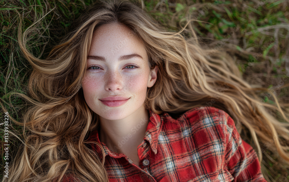 Young woman relaxes on grass with flowing hair and natural beauty in sunny outdoor setting Young woman relaxes on grass with flowing hair and natural beauty in sunny outdoor setting