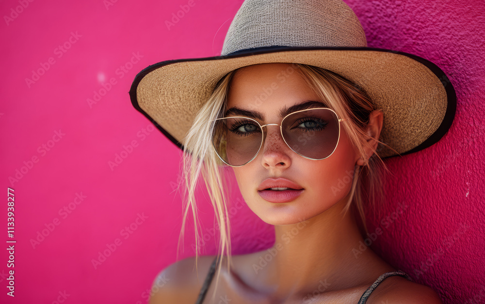 Stylish woman poses against a vibrant pink wall in summer attire with a wide-brimmed hat Stylish woman poses against a vibrant pink wall in summer attire with a wide-brimmed hat