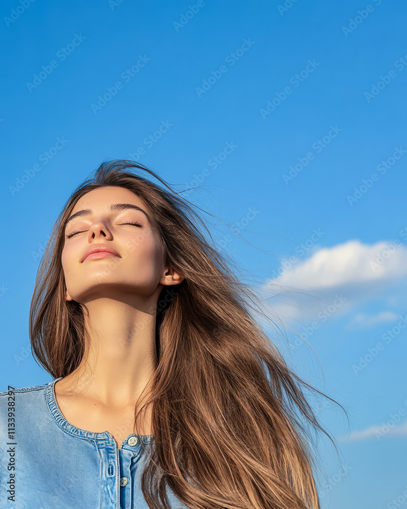 Young woman enjoys fresh air under clear blue sky with flowing hair
