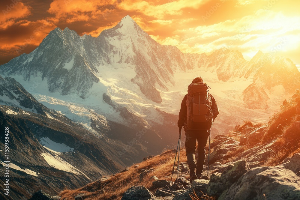 Fototapeta premium Male hiker exploring scenic mountain sunset with snowy peaks in autumn.