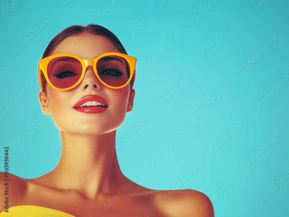 Bright and vibrant portrait of a woman with yellow sunglasses against a blue background Bright and vibrant portrait of a woman with yellow sunglasses against a blue background