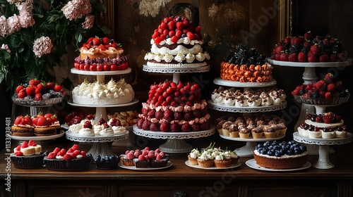 A delightful display of cakes, pastries, and desserts. Sweet treats with fresh berries. photo