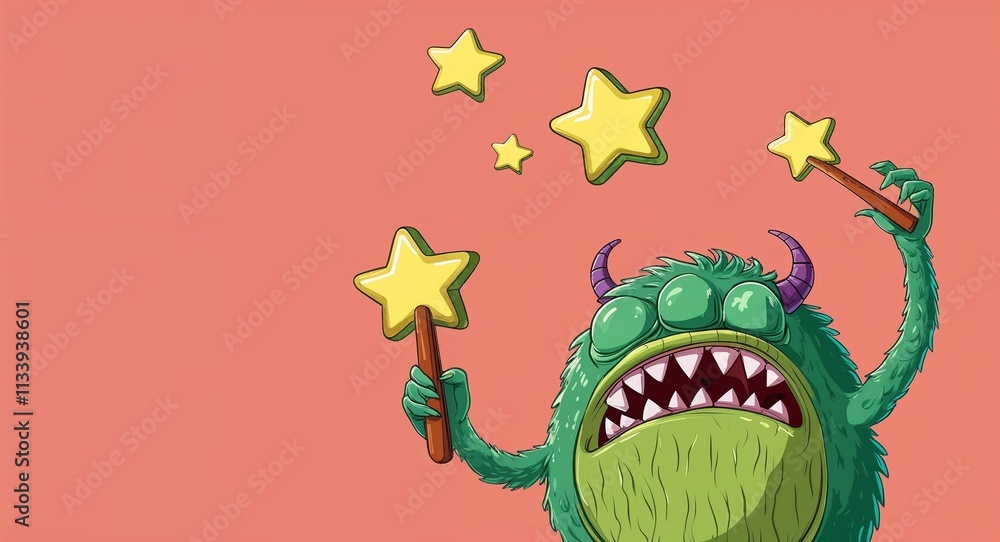 Round green monster juggling stars in plain coral background Round green monster juggling stars in plain coral background