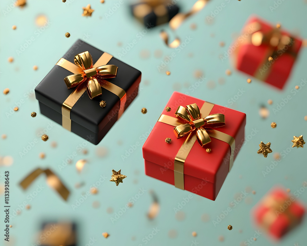 Red and black gift boxes with gold bows float amidst confetti. Red and black gift boxes with gold bows float amidst confetti.