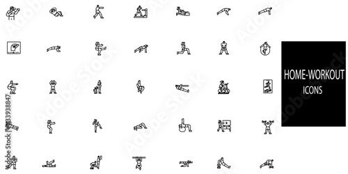 Home workout simple concept 35 icons set. Contains such Weight Lifting, Running, Swimming, walking, stretching etc .Vector illustration.