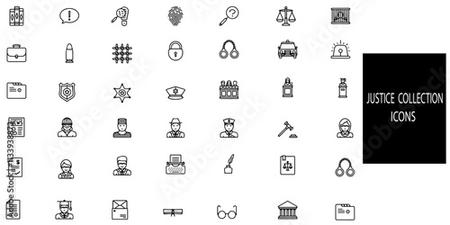Justice simple concept 42 icons set. Contains such justice law, court legal, lawyer, judgment, authority, criminal etc .Vector illustration.