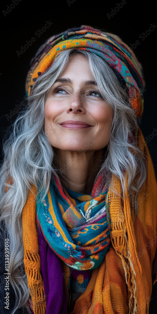 Beautiful woman with long gray hair wearing colorful scarves and a headwrap Beautiful woman with long gray hair wearing colorful scarves and a headwrap