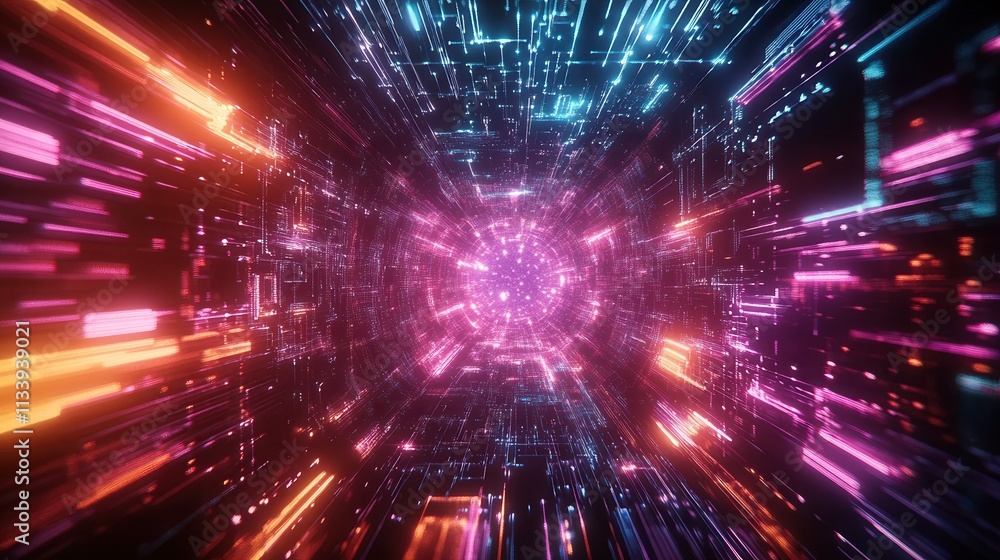 Obraz premium Neon light tunnel with futuristic digital patterns and energetic glow.