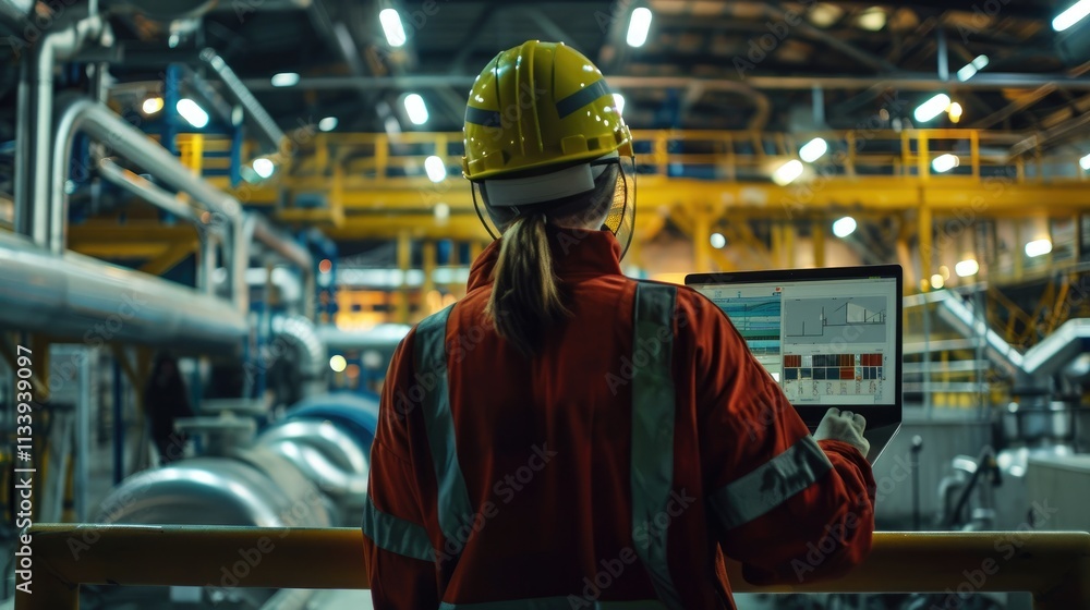 an industrial setting where a person, wearing safety gear, is standing with their back to the camera an industrial setting where a person, wearing safety gear, is standing with their back to the camera