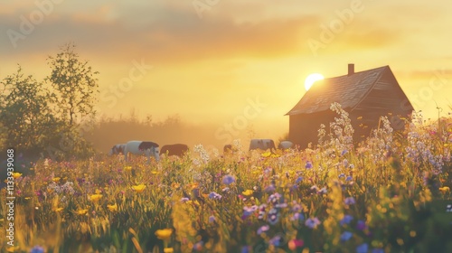 Idyllic countryside sunrise over wildflowers with grazing cattle near a rustic barn.