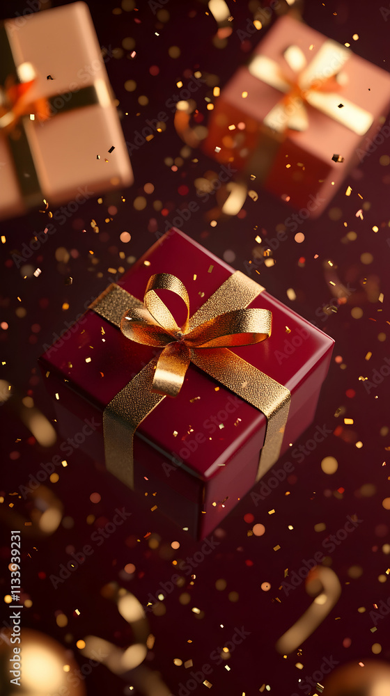 Red and gold gift boxes falling with confetti. (3) Red and gold gift boxes falling with confetti. (3)
