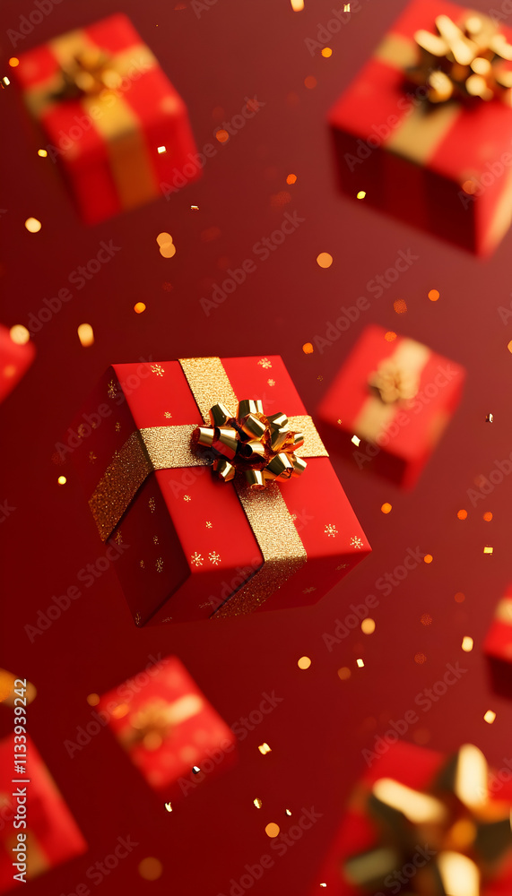 Red gift boxes with gold ribbon falling on red background. Red gift boxes with gold ribbon falling on red background.