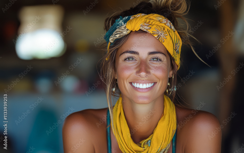 Bright smile of a woman with a yellow scarf in a cozy interior setting Bright smile of a woman with a yellow scarf in a cozy interior setting