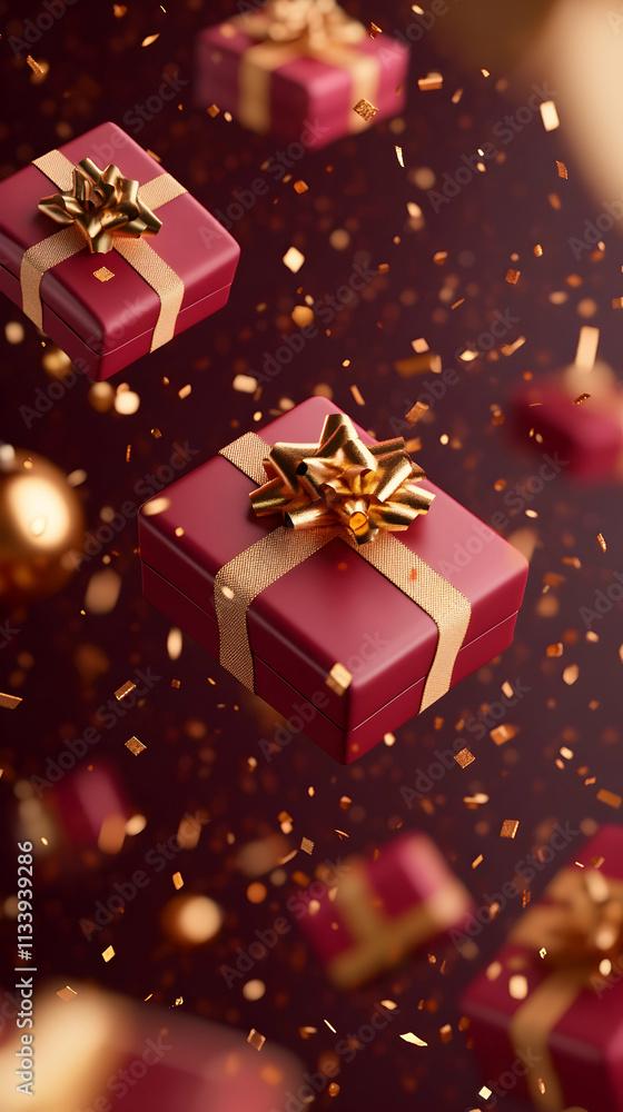Red and gold gift boxes falling with confetti. Red and gold gift boxes falling with confetti.