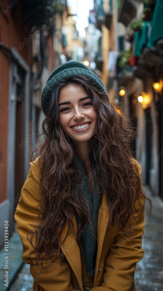 Fototapeta premium Young woman smiling in a narrow street with colorful buildings in autumn