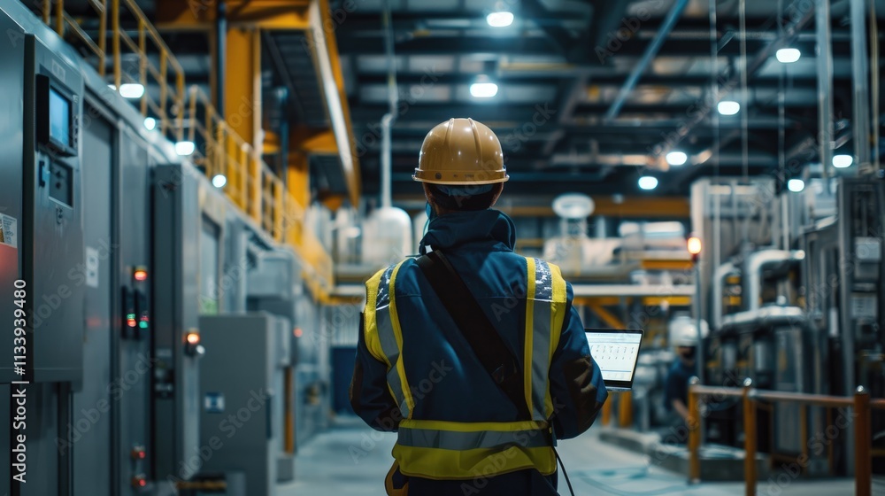 an industrial setting where a person, wearing safety gear, is standing with their back to the camera an industrial setting where a person, wearing safety gear, is standing with their back to the camera