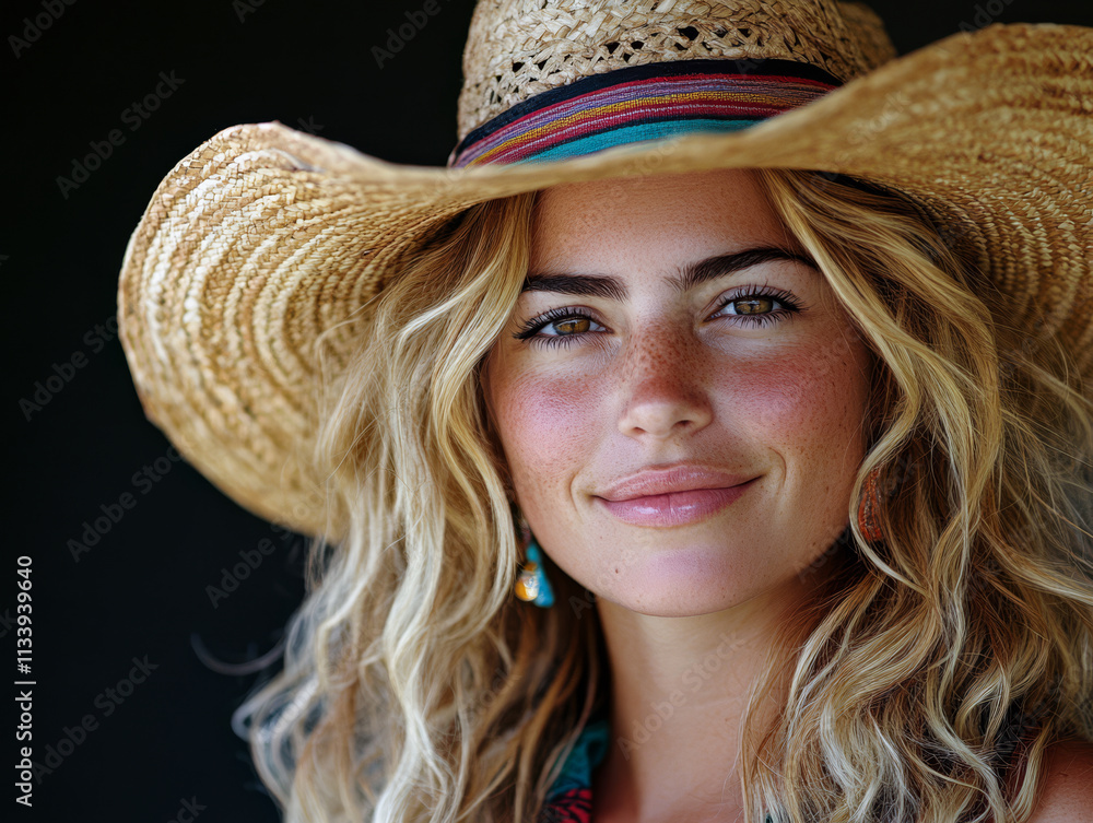 Smiling woman wearing a straw hat and colorful earrings with curly hair against a dark background Smiling woman wearing a straw hat and colorful earrings with curly hair against a dark background