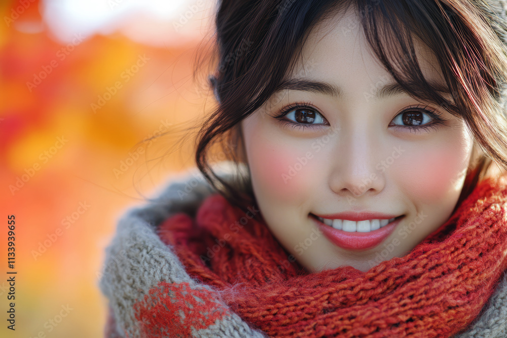 Smiling woman with bright eyes wearing a scarf against a colorful autumn backdrop Smiling woman with bright eyes wearing a scarf against a colorful autumn backdrop