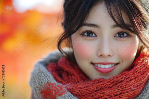 Smiling woman with bright eyes wearing a scarf against a colorful autumn backdrop