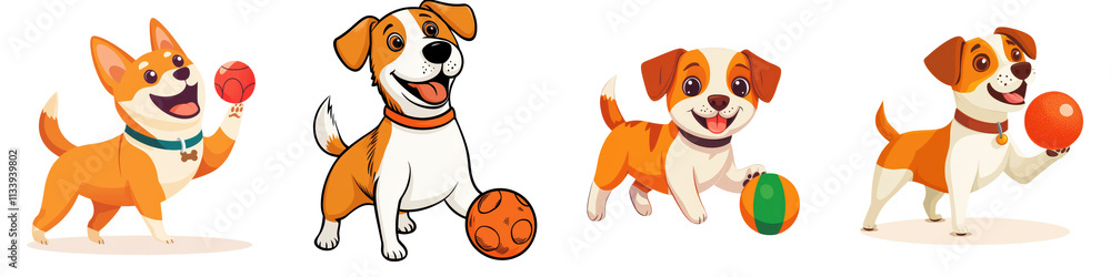 Fototapeta premium Adorable cartoon puppies of different breeds happily playing and chasing colorful balls in a lush green outdoor field capturing the joyful and energetic spirit of young playful dogs