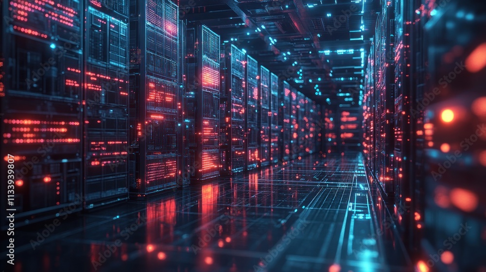 Digital Data Center: Neon Lights Illuminate the Server Room's Technological Heart Digital Data Center: Neon Lights Illuminate the Server Room's Technological Heart