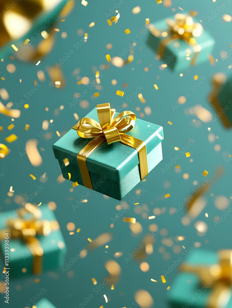 Teal gift box with gold ribbon floats amidst falling confetti. Teal gift box with gold ribbon floats amidst falling confetti.