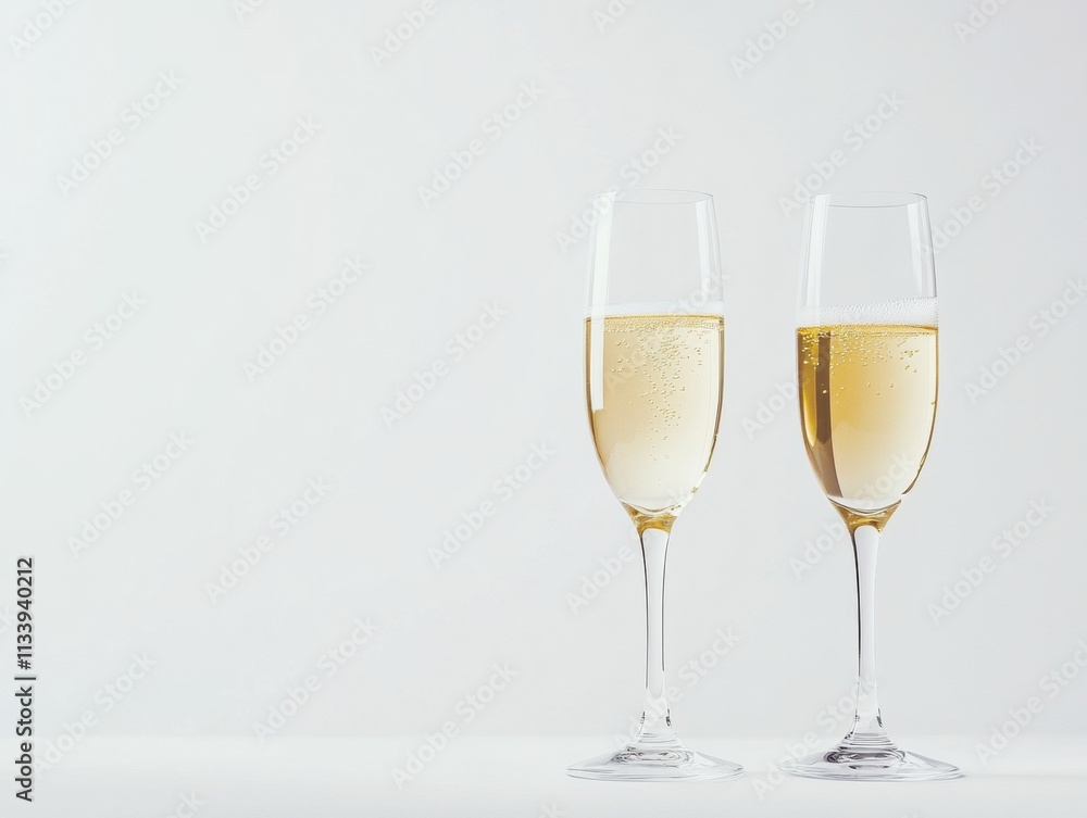 Two champagne glasses filled with fizzing champagne, placed on a seamless white background, evoking a timeless and sophisticated scene Two champagne glasses filled with fizzing champagne, placed on a seamless white background, evoking a timeless and sophisticated scene