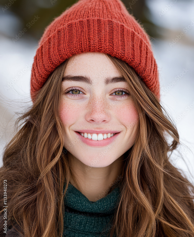 Smiling young woman in a winter hat enjoying a snowy day outdoors Smiling young woman in a winter hat enjoying a snowy day outdoors