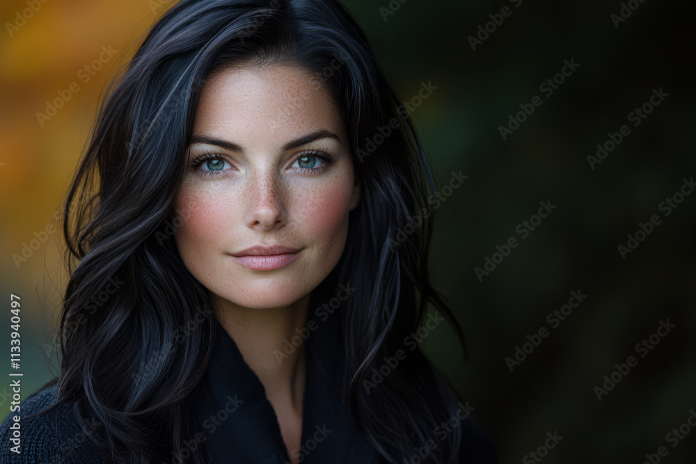 Portrait of a woman with long black hair and striking green eyes in a natural setting during autumn Portrait of a woman with long black hair and striking green eyes in a natural setting during autumn