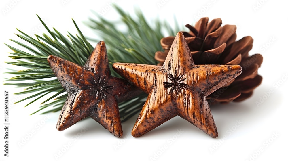 Two rustic brown wooden stars with pine branch and cone on white. Two rustic brown wooden stars with pine branch and cone on white.