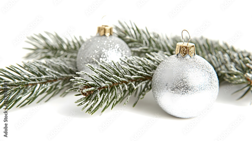 Two silver Christmas baubles on a snowy pine branch against a white background. Two silver Christmas baubles on a snowy pine branch against a white background.