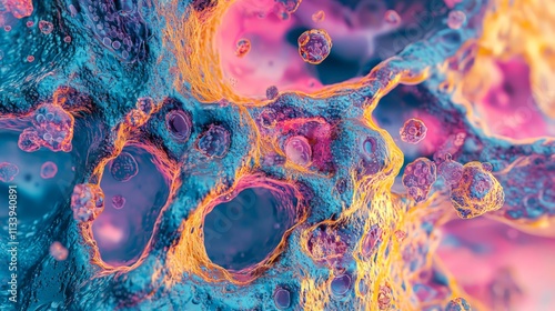 An abstract, colorful image depicting microscopic cellular structures with vibrant hues of blue, pink, and yellow, resembling a biological or scientific theme.