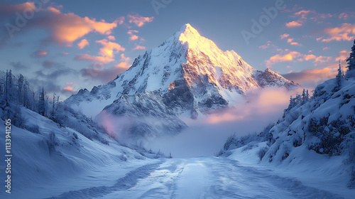 Panoramic winter landscape with snow-capped alpine peaks and glaciers reflecting the dramatic sunrise photo