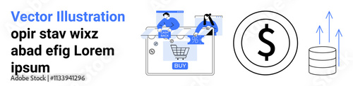 E-commerce team analyzing online shopping platform with shopping cart, dollar sign, database, and arrows indicating growth. Ideal for online business, team collaboration, e-commerce, financial