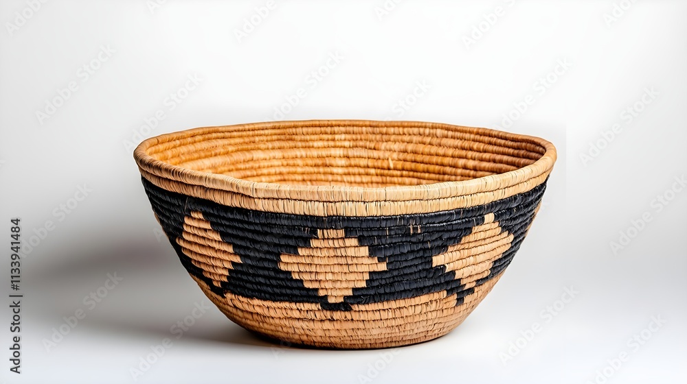 Handmade Woven Basket with Intricate Black and Natural Designs Ideal for Home Decor, Storage Solutions, or Artistic Display in Contemporary Spaces Handmade Woven Basket with Intricate Black and Natural Designs Ideal for Home Decor, Storage Solutions, or Artistic Display in Contemporary Spaces