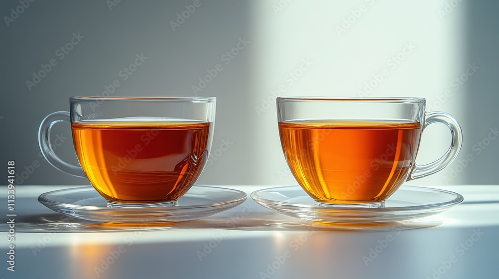 Two Transparent Glass Cups of Tea on a Minimalist Table, Morning Light Highlighting the Rich Color of Brewed Tea, Inviting and Serene Atmosphere for Tea Lovers Two Transparent Glass Cups of Tea on a Minimalist Table, Morning Light Highlighting the Rich Color of Brewed Tea, Inviting and Serene Atmosphere for Tea Lovers
