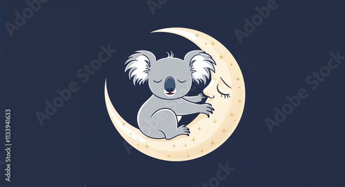 A sleepy koala on a sparkling crescent moon in a plain navy background photo