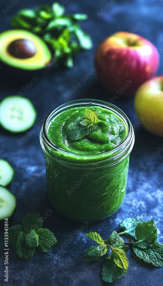 A green smoothie in a jar surrounded by fresh fruits and vegetables. A green smoothie in a jar surrounded by fresh fruits and vegetables.