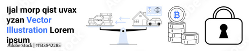 Balance scale weighing car and house with blockchain, cryptocurrency, and padlock. Text on the left side. Ideal for finance, security, blockchain, cryptocurrency, investment property technology