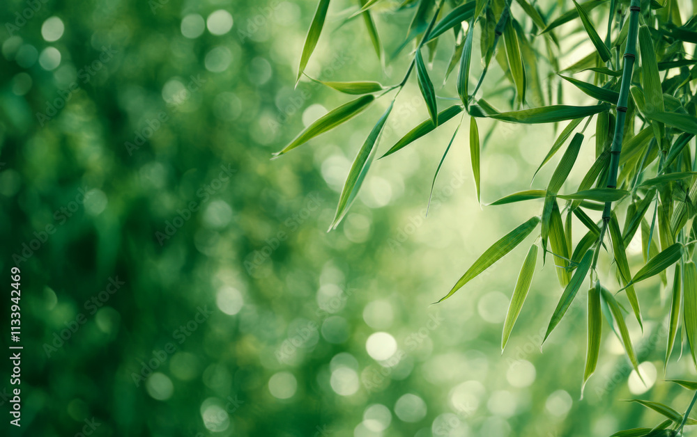 Naklejka premium Lush green bamboo leaves swaying gently in natural sunlight during a serene afternoon